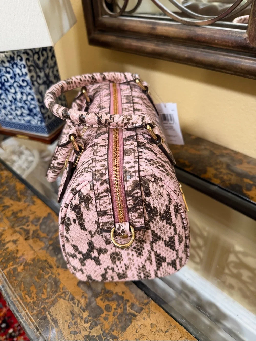 Coach Pink Snake-Print Rowan Medium Satchel with Gold Hardware